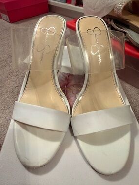 Jessica Simpson White and Clear Slide Heels